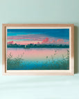 Framed Kawase Hasui's Japanese Art Poster: A breathtaking sunset painting reflecting on the tranquil water