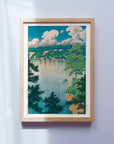 Framed Japanese Art Poster by Kawase Hasui, featuring a serene lake surrounded by trees