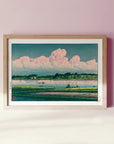 Framed Japanese Art Poster: Summer Dusk. Iridocumulus clouds tinged with pink, painting of clouds over the water