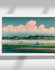 Japanese Art Poster: Summer Dusk. Iridocumulus clouds tinged with pink, painting of clouds over the water