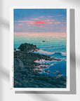 A serene Japanese Art Poster by Kawase Hasui capturing the ocean and rocks at dawn, with pink sky and crashing whitecaps.