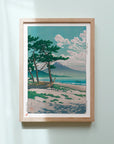 framed Japanese Art Poster by Kawase Hasui - Serene beach with pine trees and majestic mountain in the background
