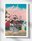 Japanese Art Poster: Cherry tree in bloom with a red building, Kiyomizu Kannon-dō Temple, by Kawase Hasui.