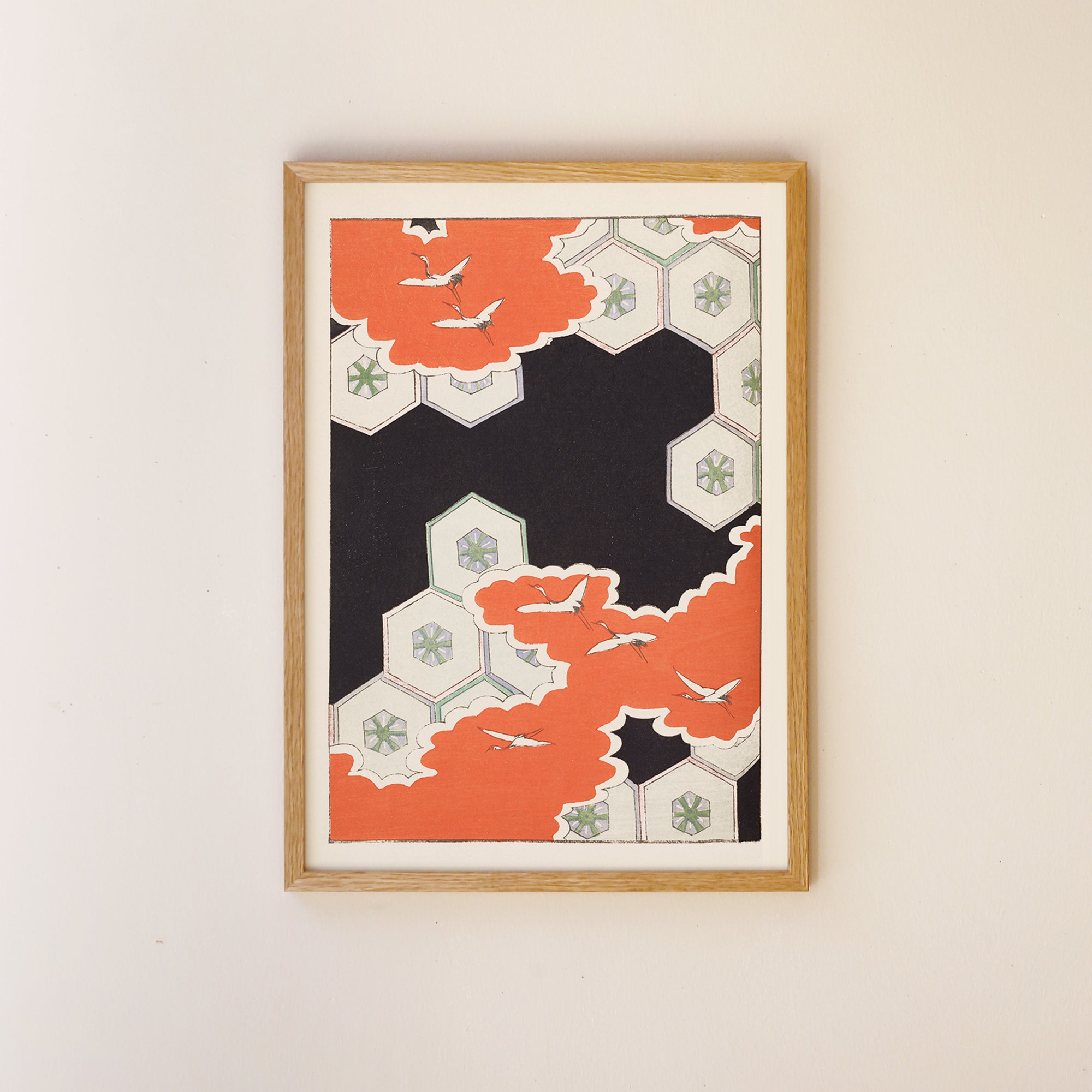Flying Cranes and Hexagonal Pattern – Shin Bijutsukai Japanese Pattern Print