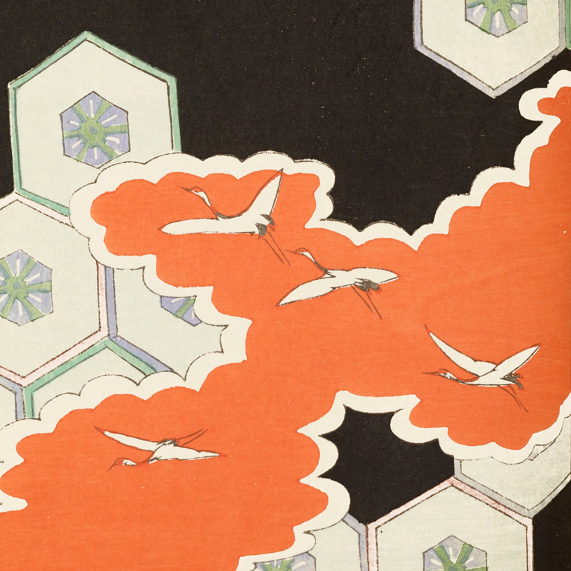 Flying Cranes and Hexagonal Pattern – Shin Bijutsukai Japanese Pattern Print