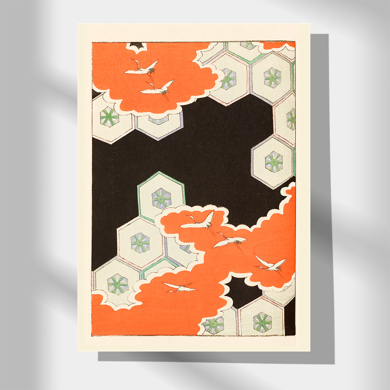Flying Cranes and Hexagonal Pattern – Shin Bijutsukai Japanese Pattern Print