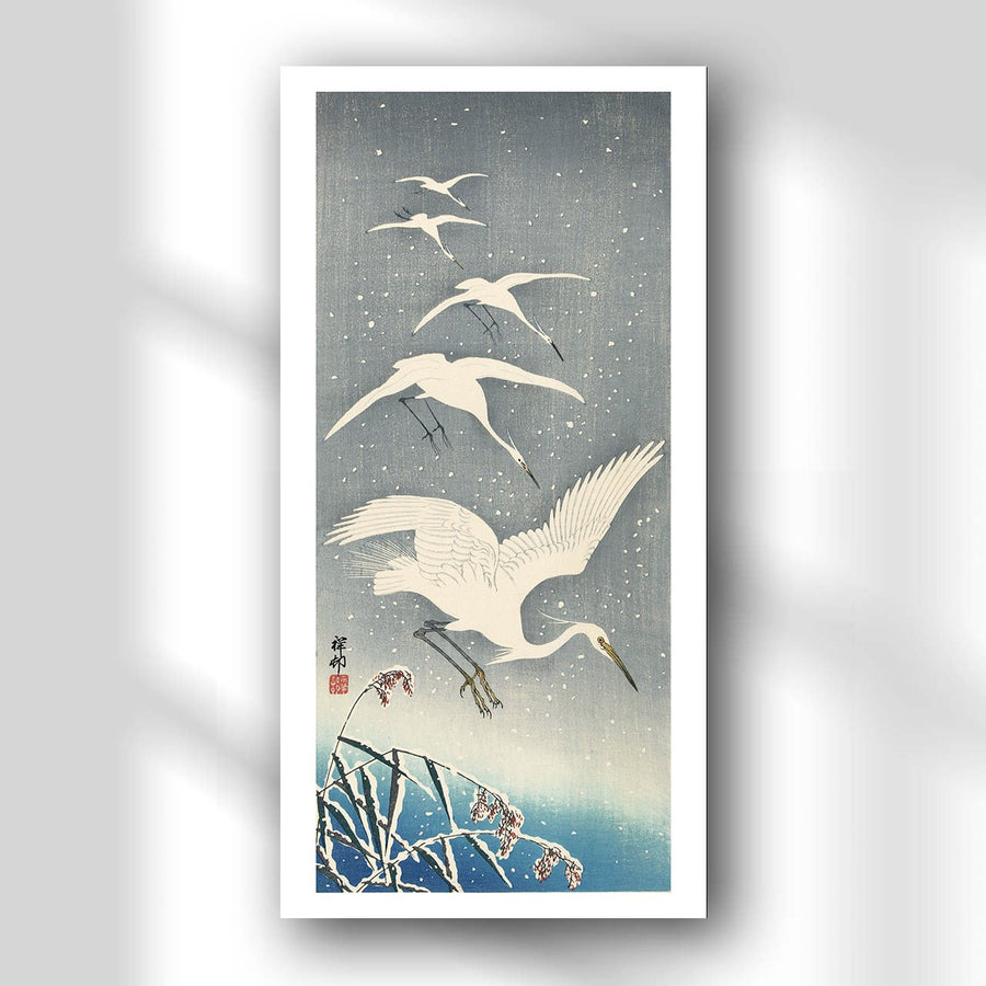 Descending egrets in snow - Japonica Graphic