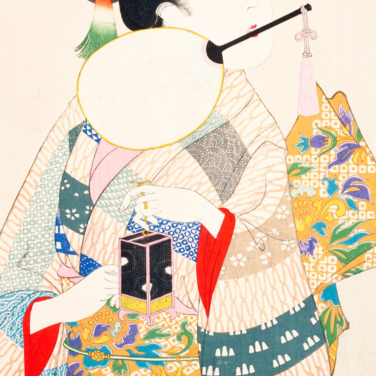 Lady holding a firefly basket with a fan in her mouth - Japonica Graphic