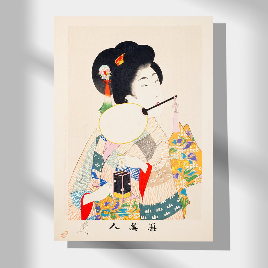 Lady holding a firefly basket with a fan in her mouth - Japonica Graphic