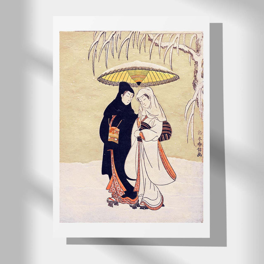 Lovers Beneath an Umbrella in the Snow - Japonica Graphic