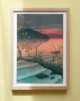 Framed Japanese Art Poster by Kawase Hasui, depicting a tree and mountain at sunset with vibrant autumn leaves