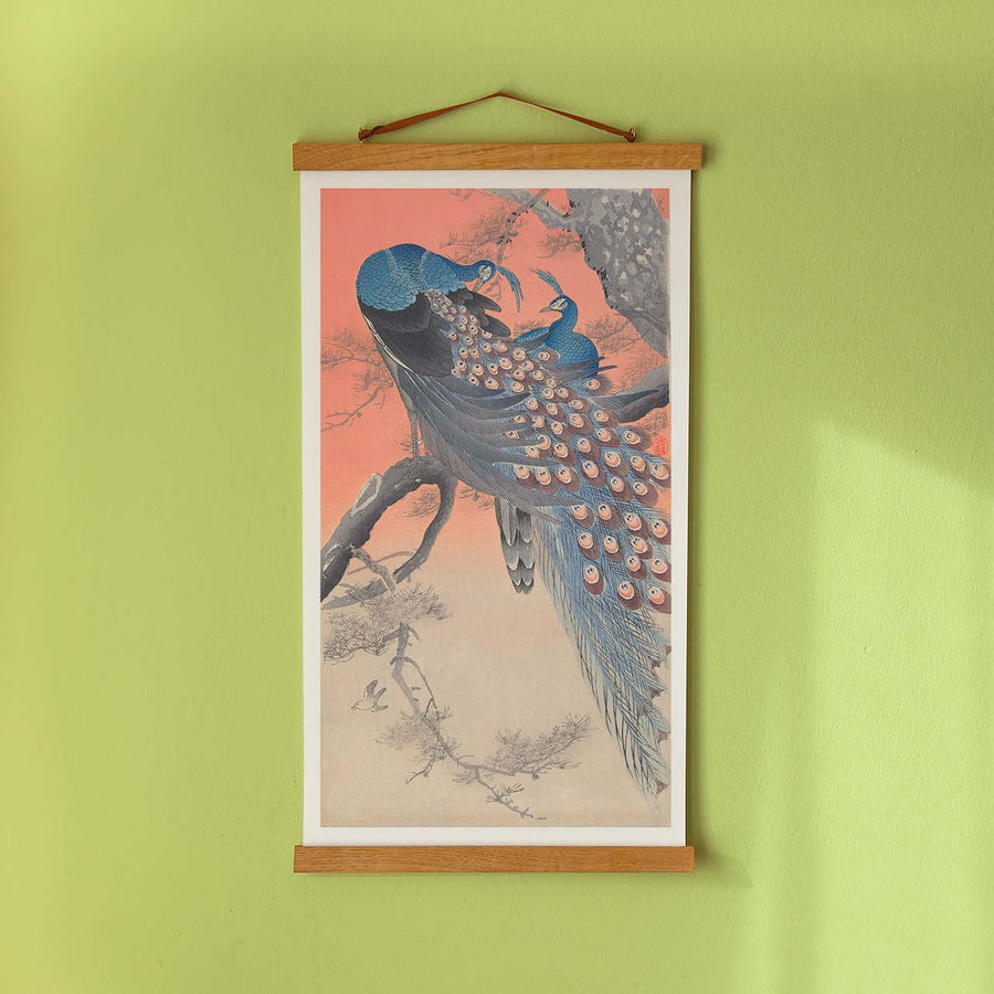 Two Peacocks on Tree Branch - Japonica Graphic